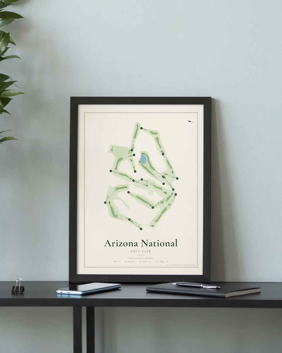 Arizona National Golf Club golf course map print framed on a wall