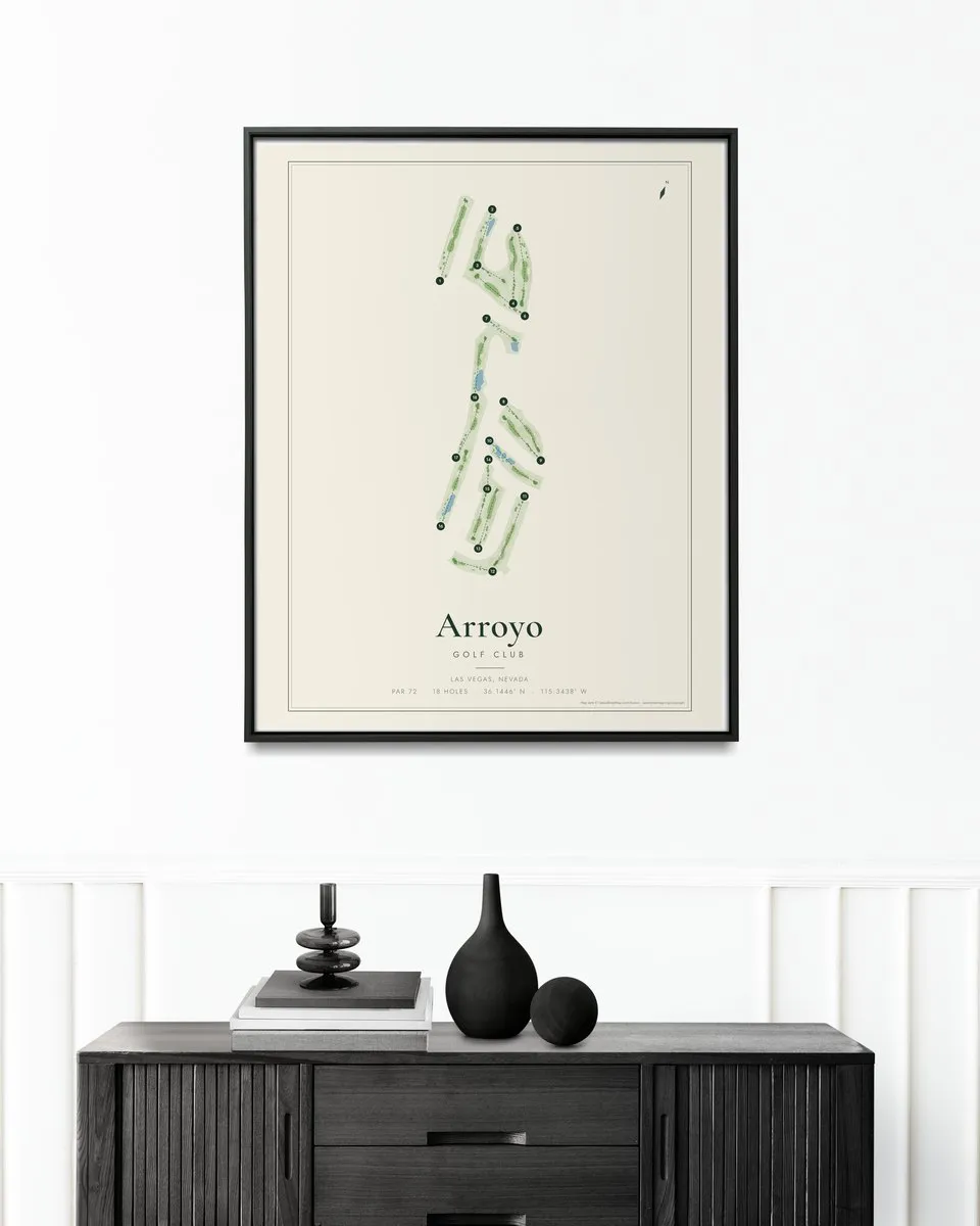 Arroyo Golf Club golf course map print framed on a wall