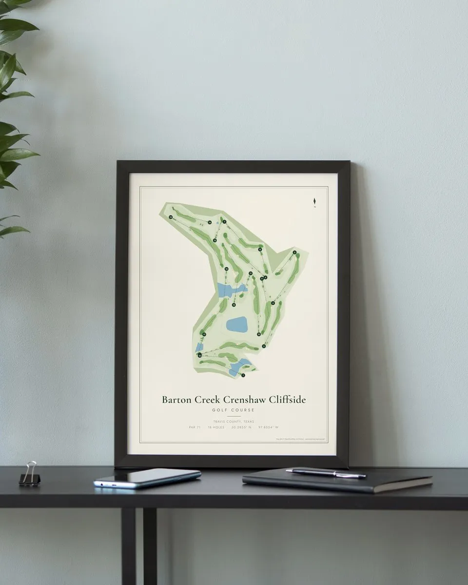 Barton Creek Crenshaw Cliffside golf course map print framed on a wall