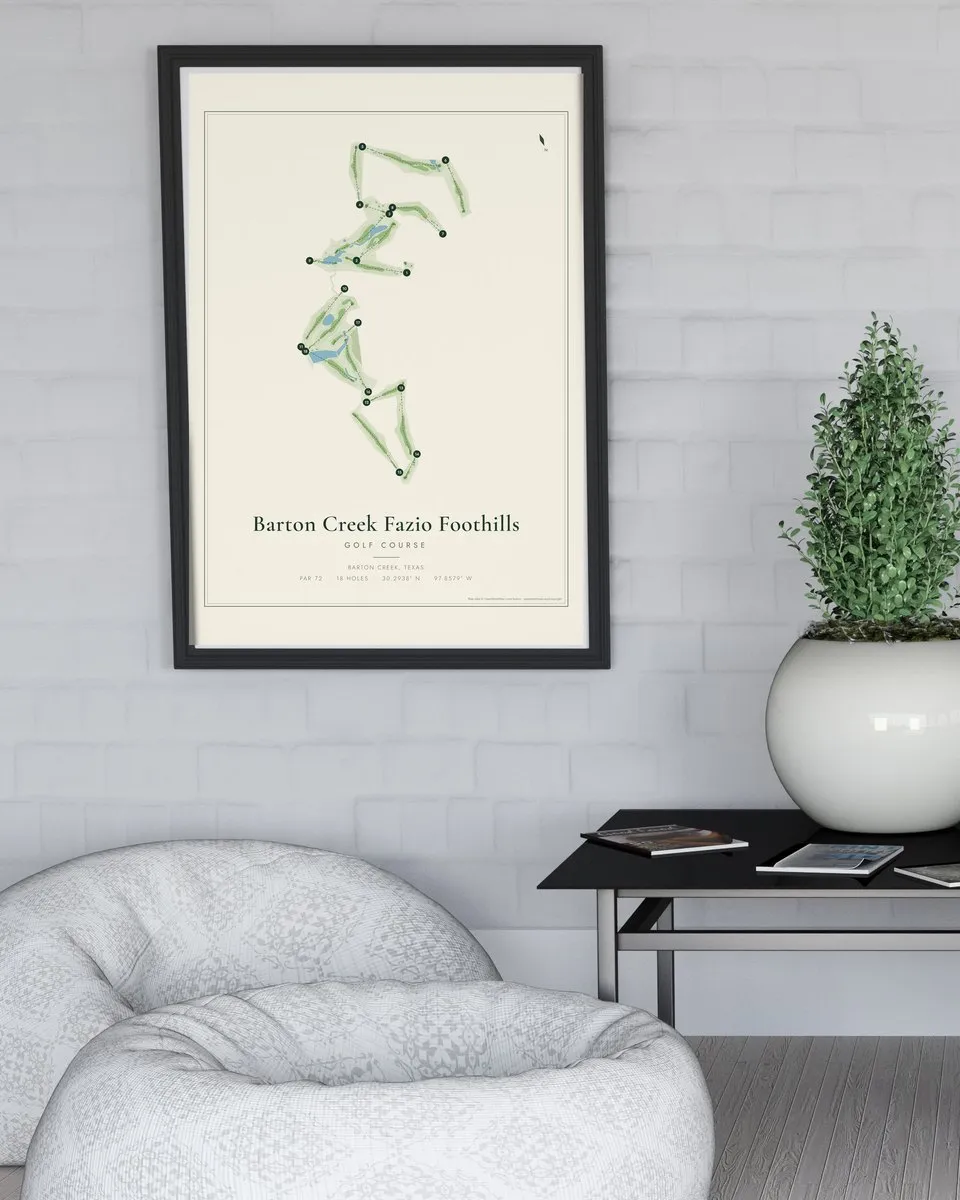 Barton Creek Fazio Foothills golf course map print framed on a wall