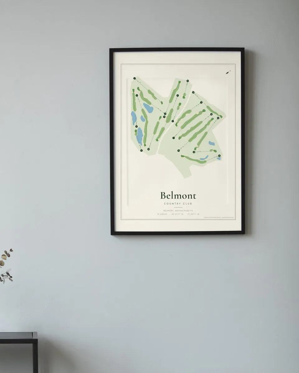 Belmont Country Club golf course map print framed on a wall