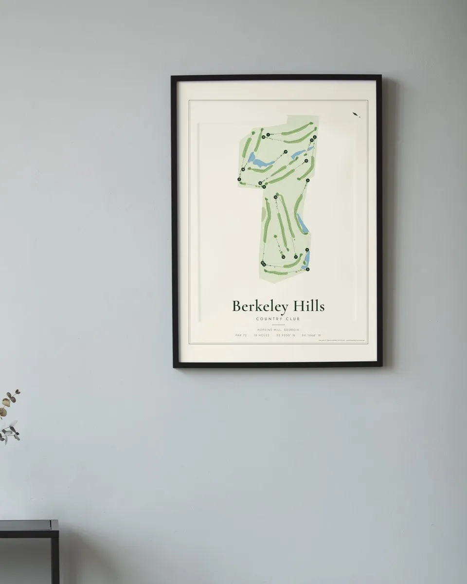Berkeley Hills Country Club golf course map print framed on a wall
