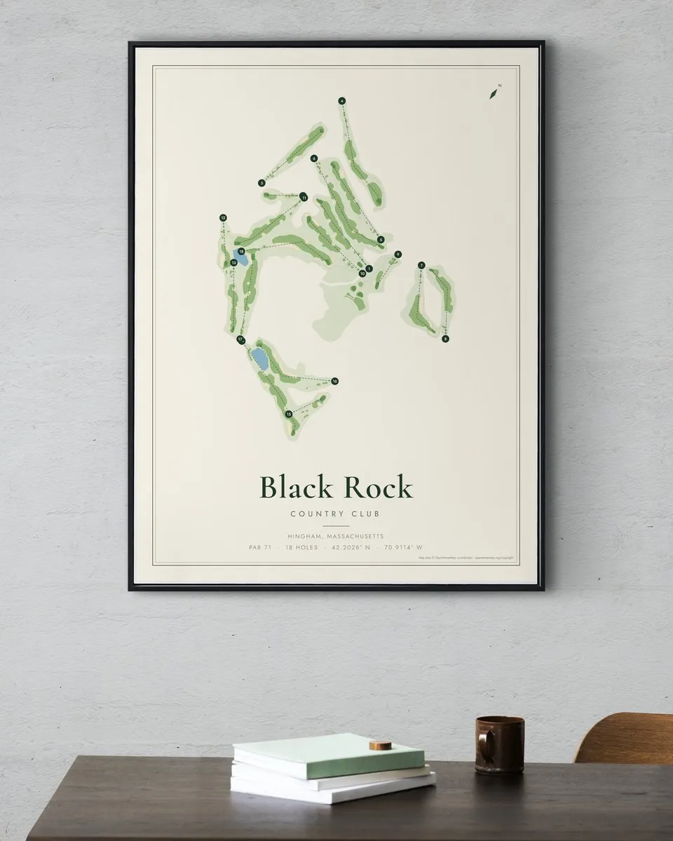 Black Rock Country Club golf course map print framed on a wall