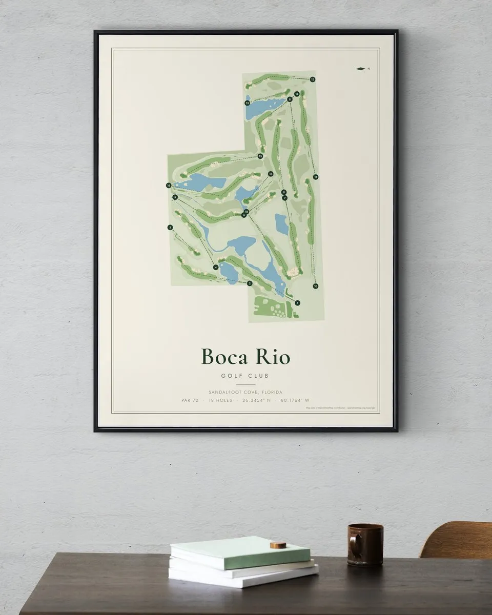 Boca Rio Golf Club golf course map print framed on a wall