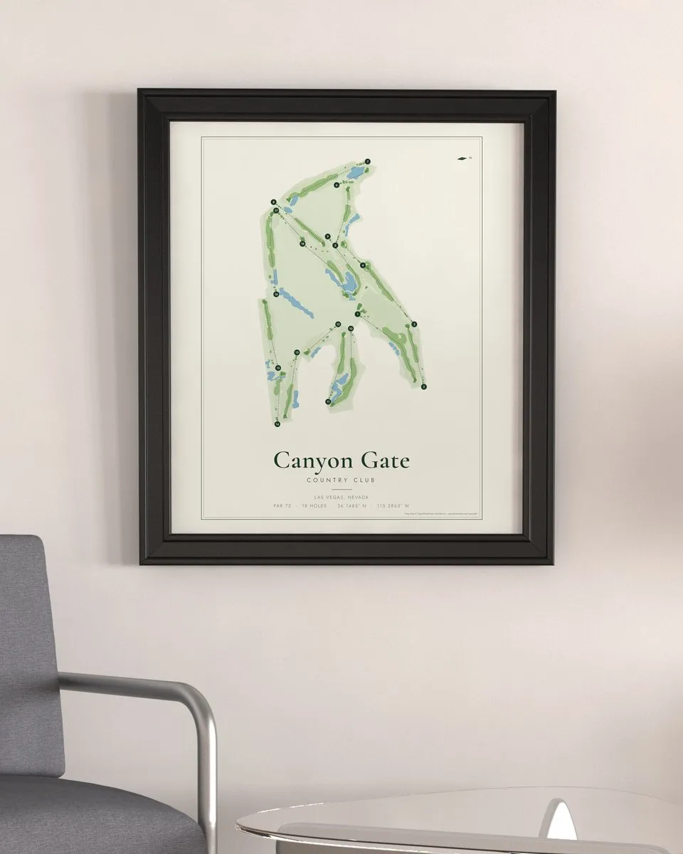 Canyon Gate Country Club golf course map print framed on a wall