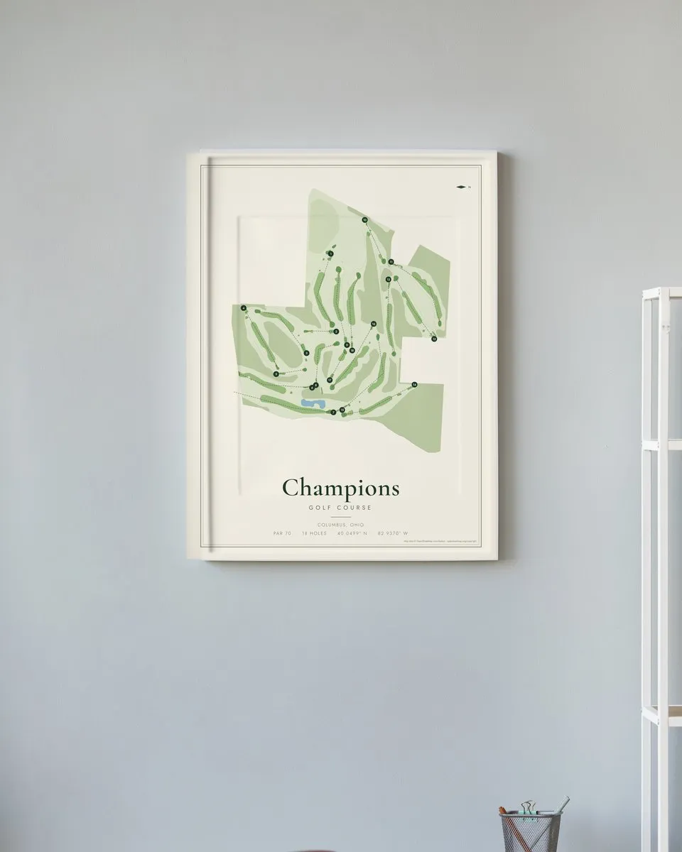 Champions Golf Course golf course map print framed on a wall
