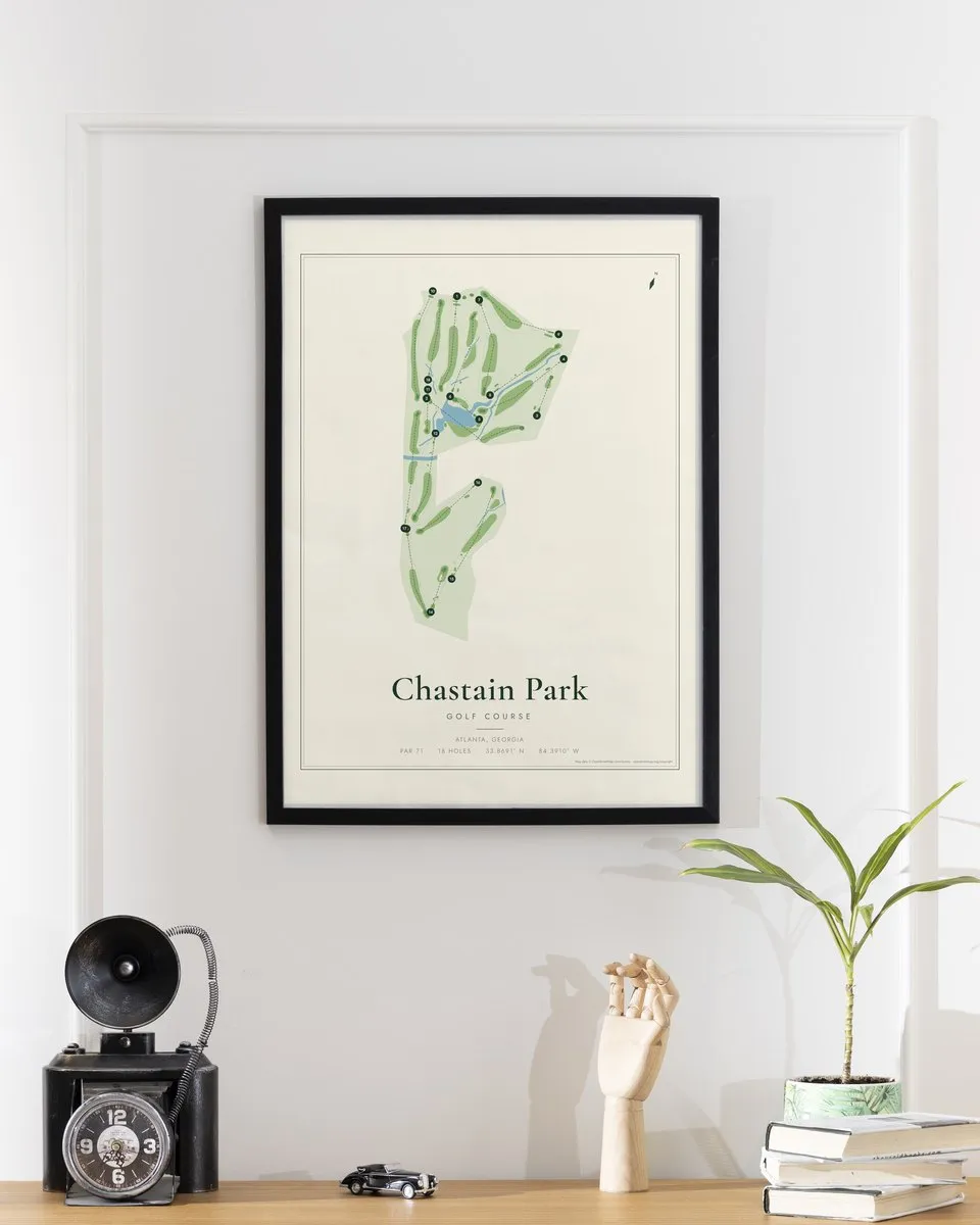 Chastain Park Golf Course golf course map print framed on a wall