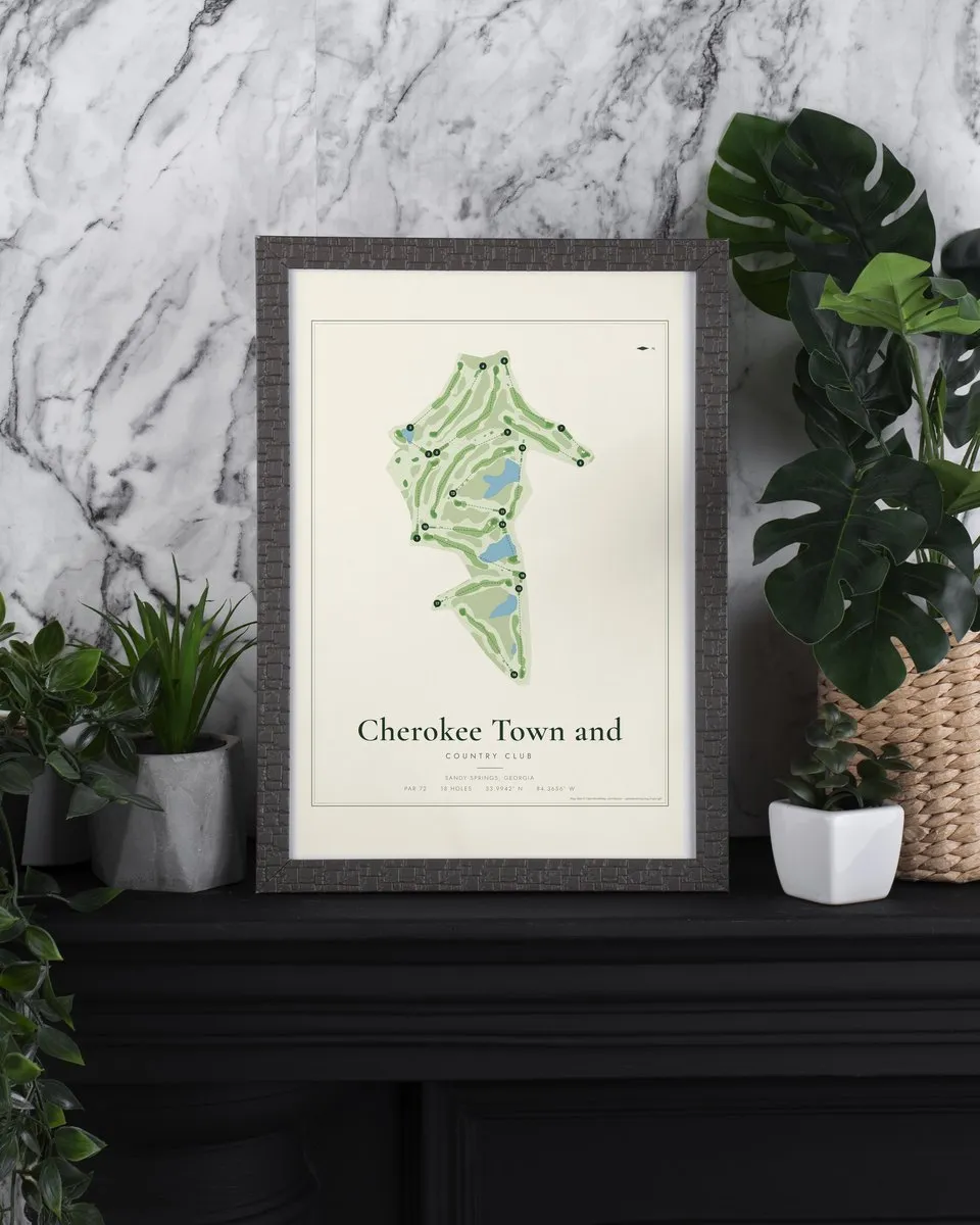 Cherokee Town and Country Club (North) golf course map print framed on a wall