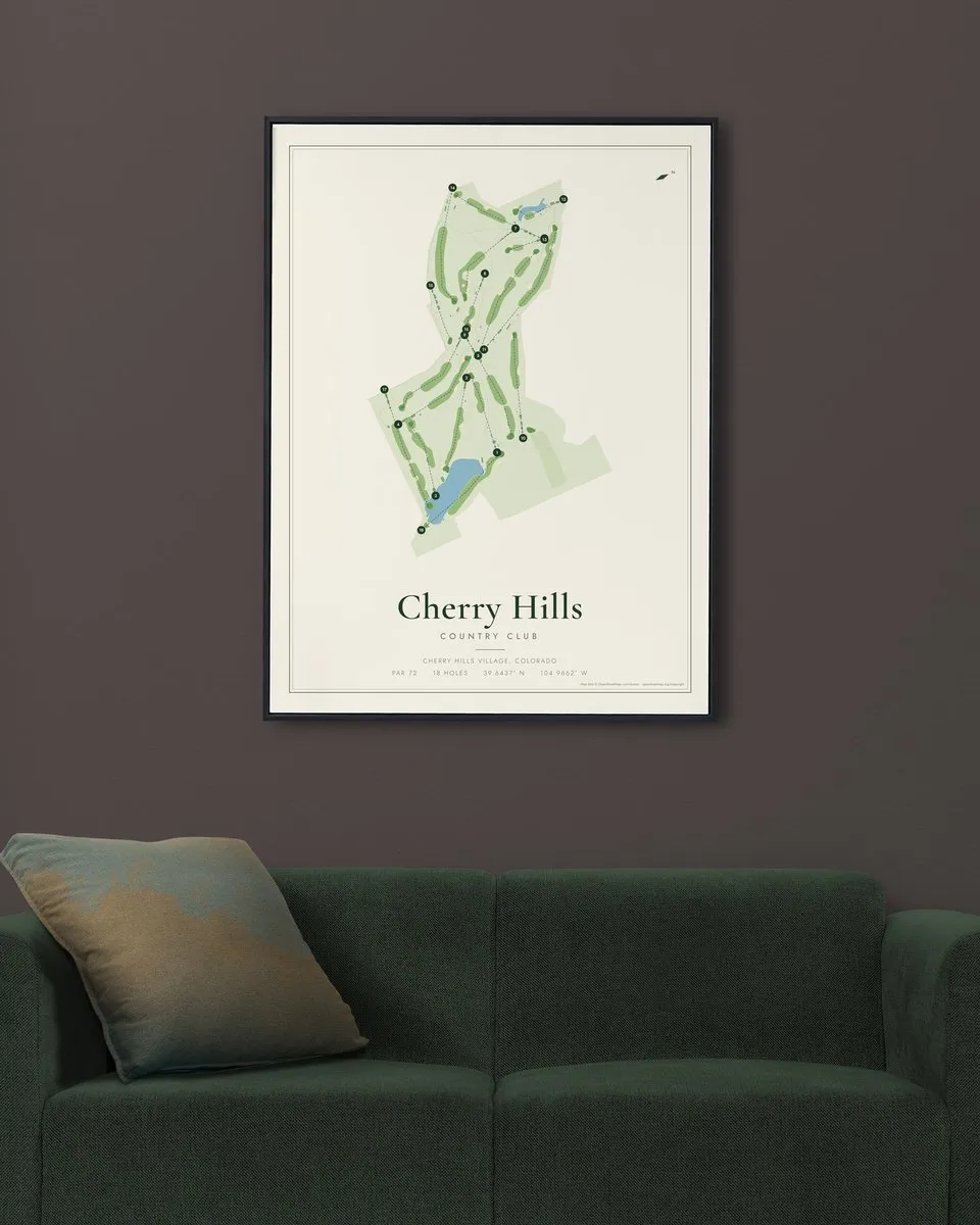 Cherry Hills Country Club golf course map print framed on a wall