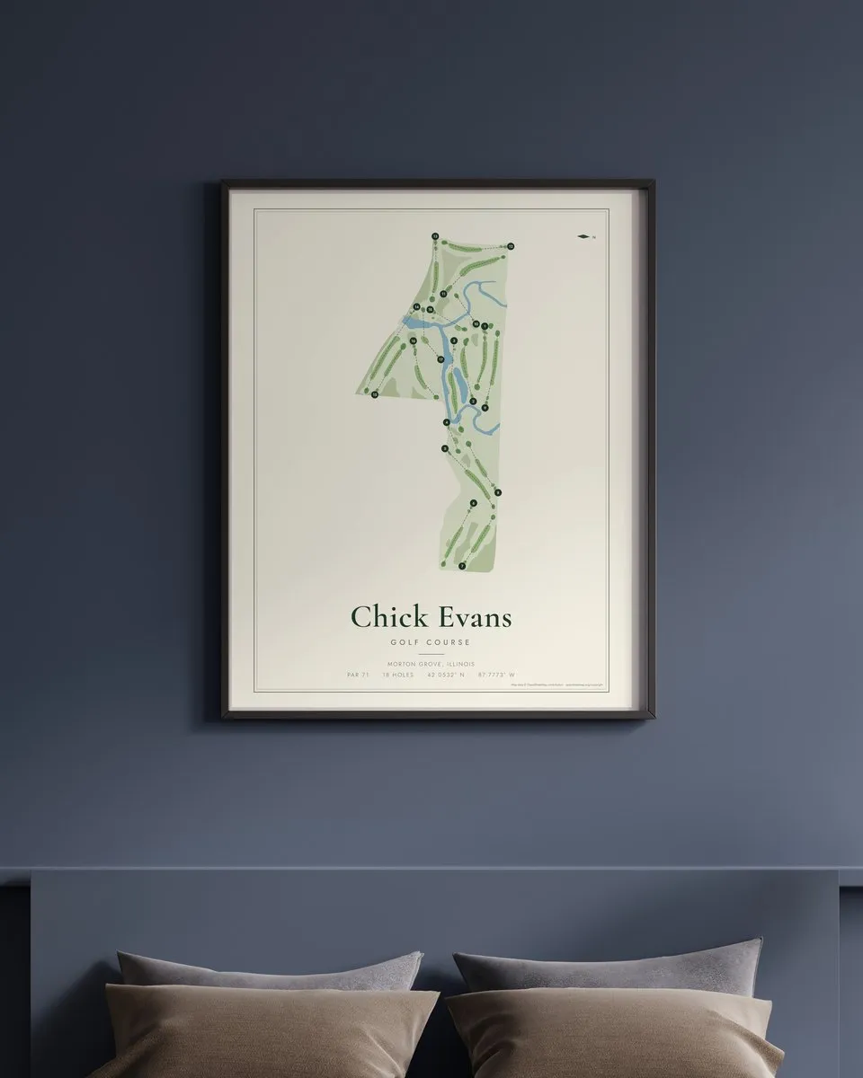 Chick Evans Golf Course golf course map print framed on a wall