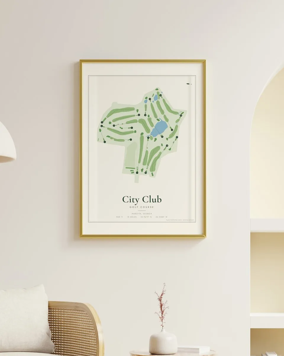 City Club Marietta golf course map print framed on a wall
