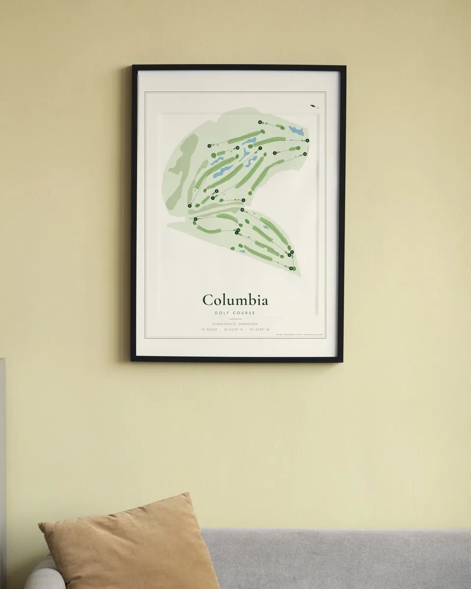 Columbia Golf Course golf course map print framed on a wall