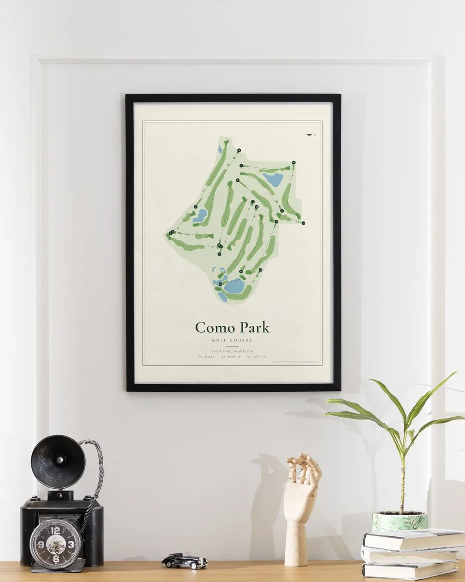Como Park Golf Course golf course map print framed on a wall
