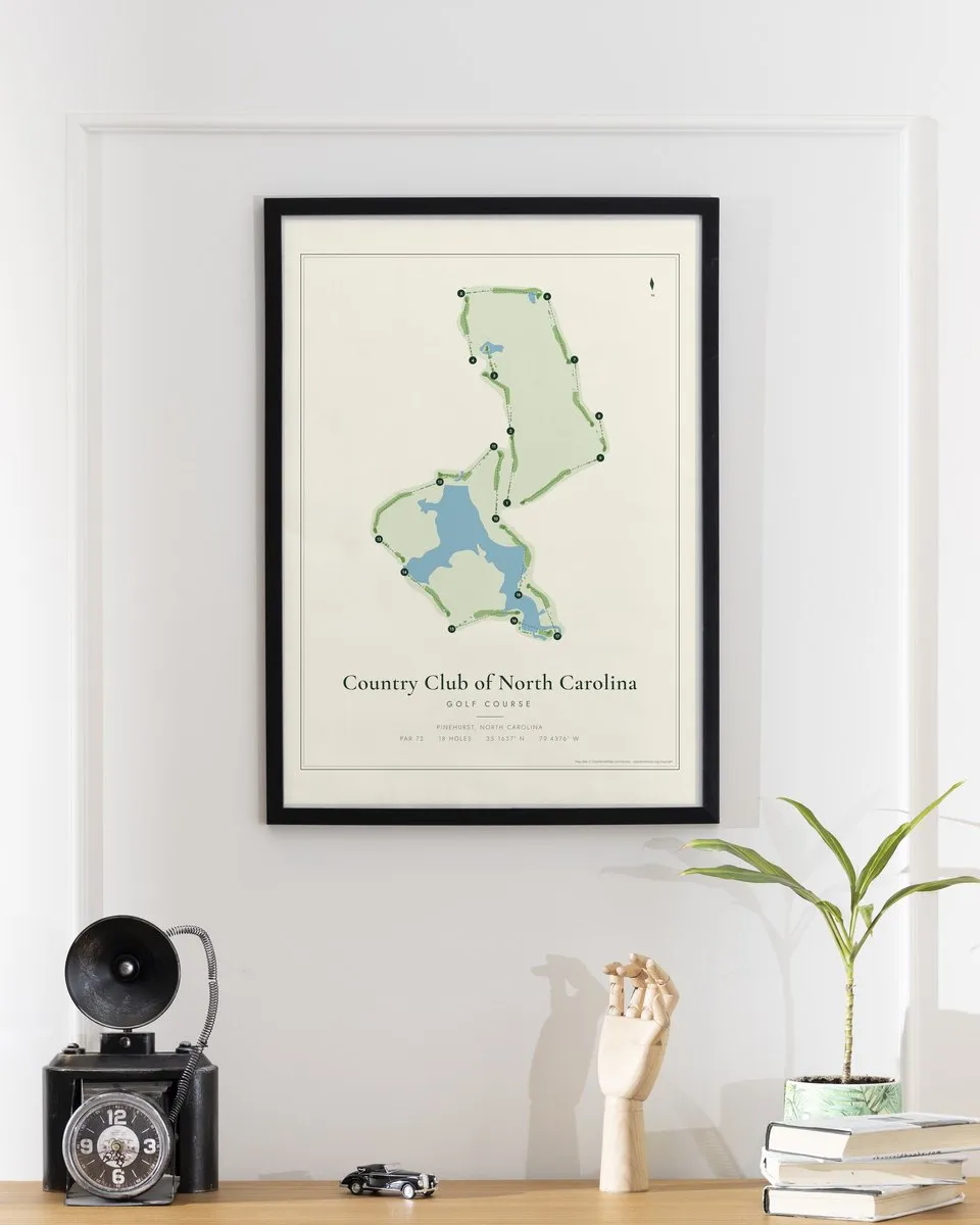 Country Club of North Carolina - Dogwood golf course map print framed on a wall