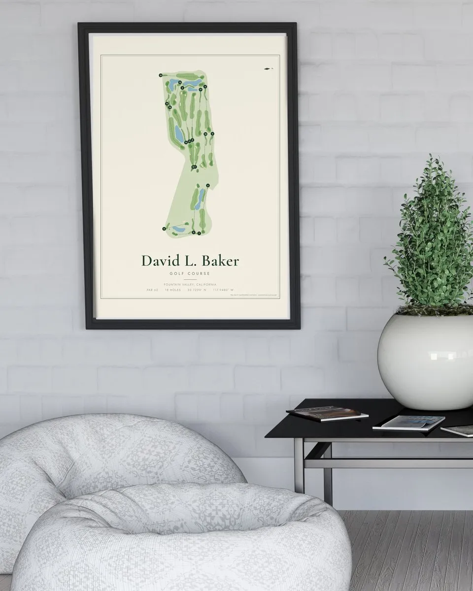 David L. Baker Golf Course golf course map print framed on a wall