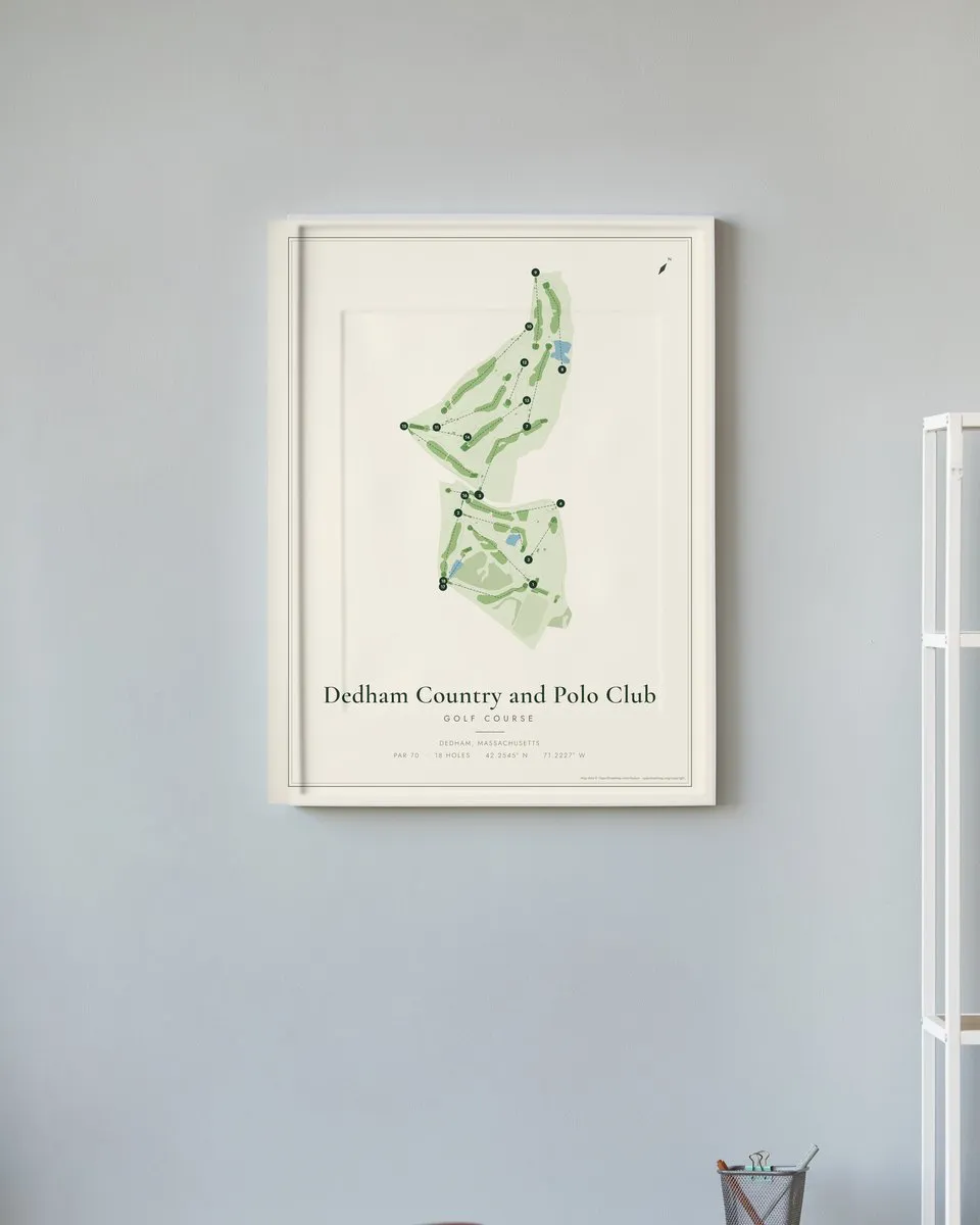 Dedham Country and Polo Club golf course map print framed on a wall