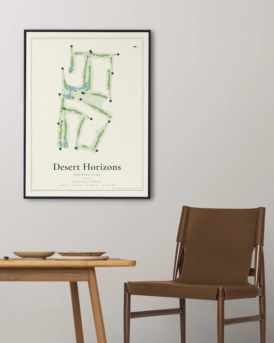 Desert Horizons Country Club golf course map print framed on a wall
