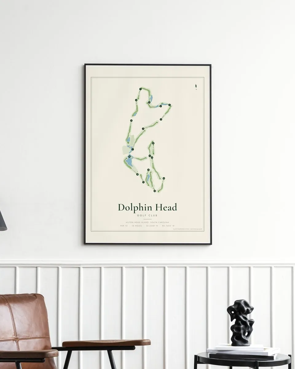 Dolphin Head Golf Club golf course map print framed on a wall