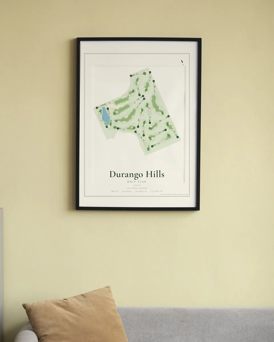 Durango Hills Golf Club golf course map print framed on a wall