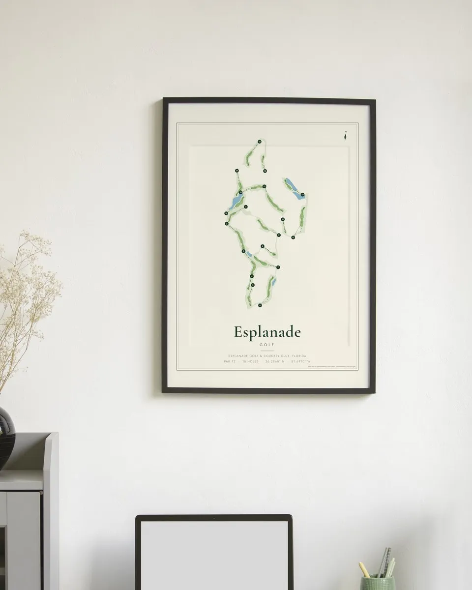 Esplanade Golf golf course map print framed on a wall