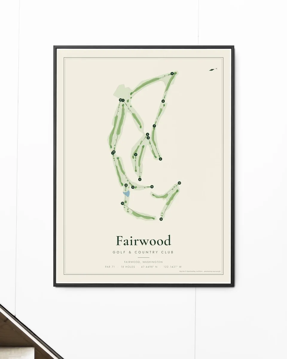 Fairwood Golf & Country Club golf course map print framed on a wall