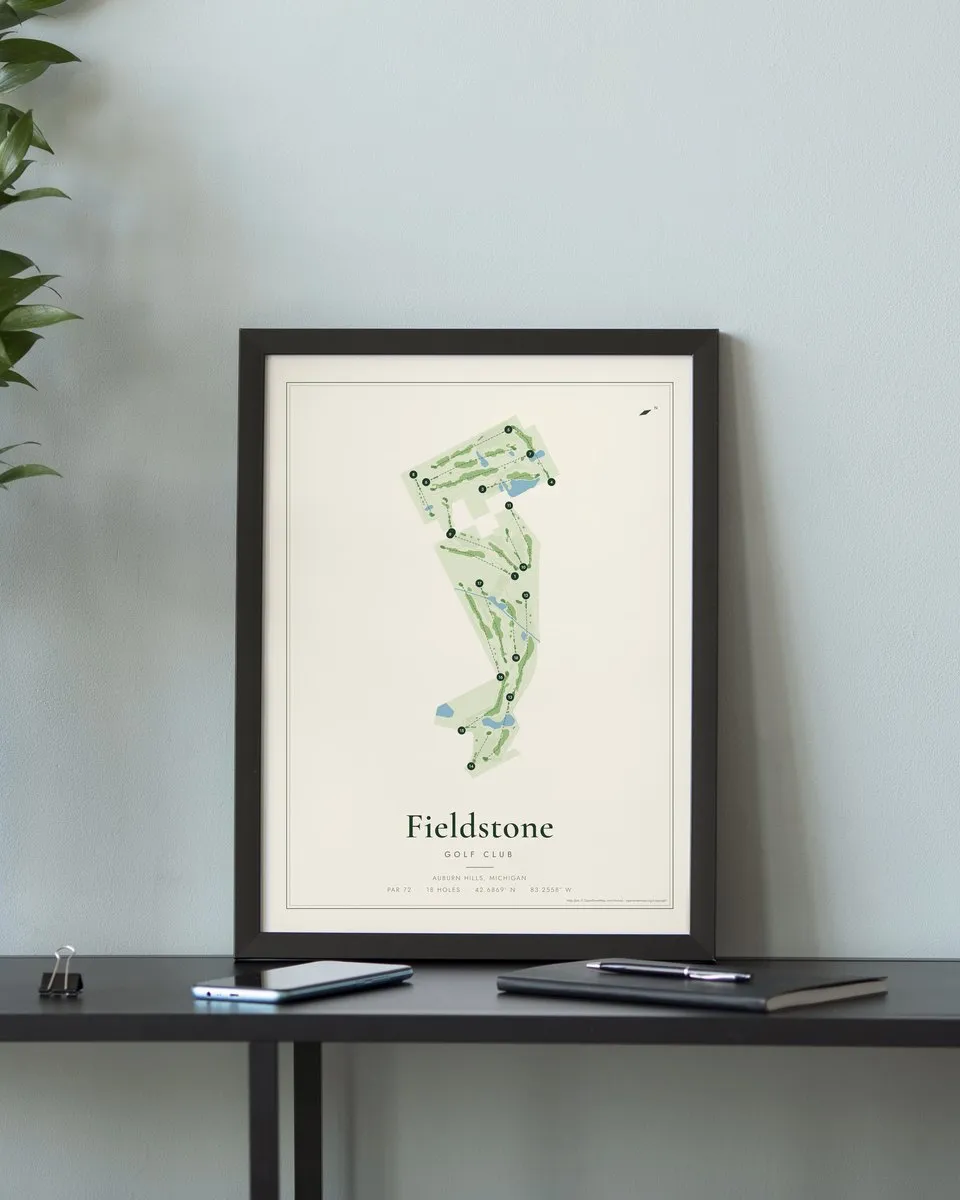 Fieldstone Golf Club golf course map print framed on a wall