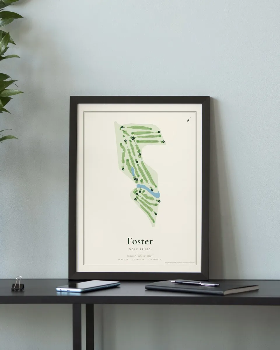 Foster Golf Links golf course map print framed on a wall
