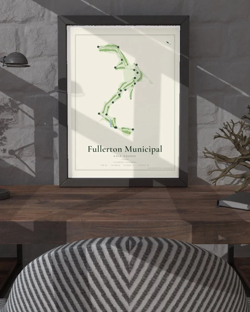 Fullerton Municipal Golf Course golf course map print framed on a wall