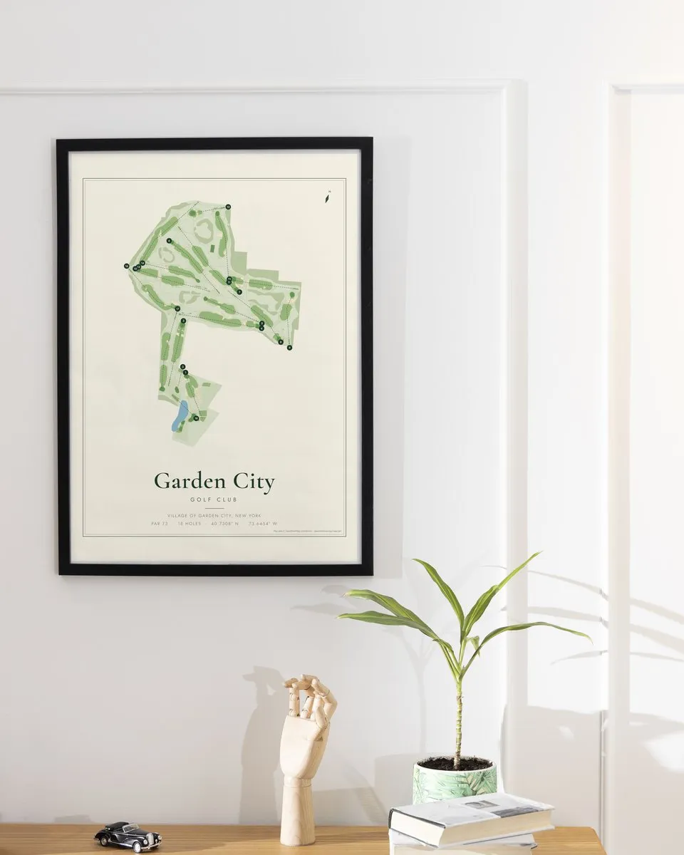 Garden City Golf Club golf course map print framed on a wall