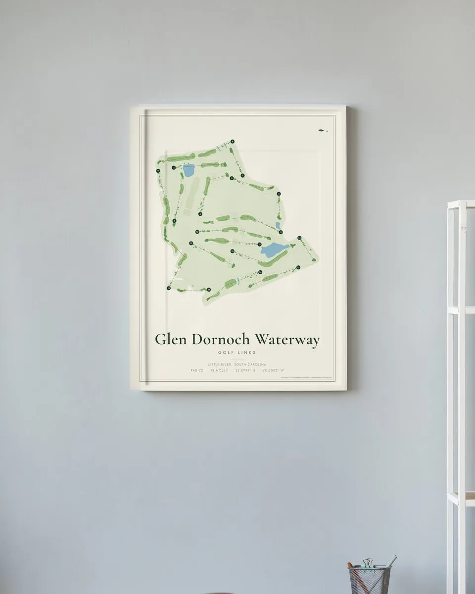 Glen Dornoch Waterway Golf Links golf course map print framed on a wall