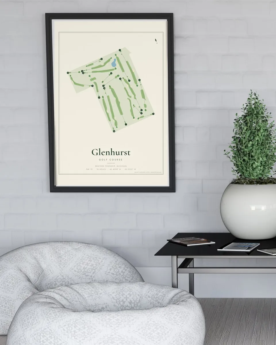 Glenhurst Golf Course golf course map print framed on a wall