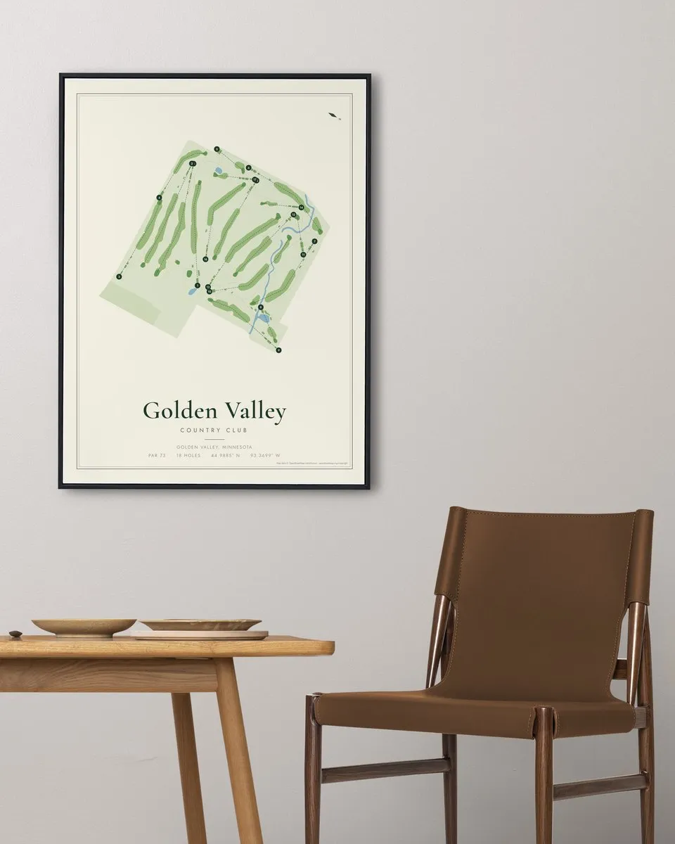 Golden Valley Country Club golf course map print framed on a wall