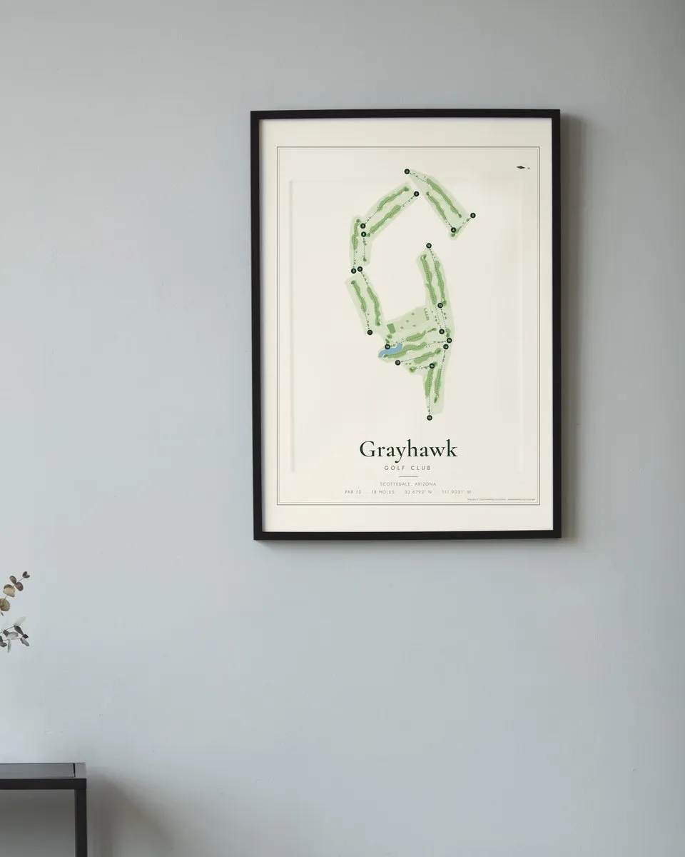 Grayhawk Golf Club - Raptor Course golf course map print framed on a wall