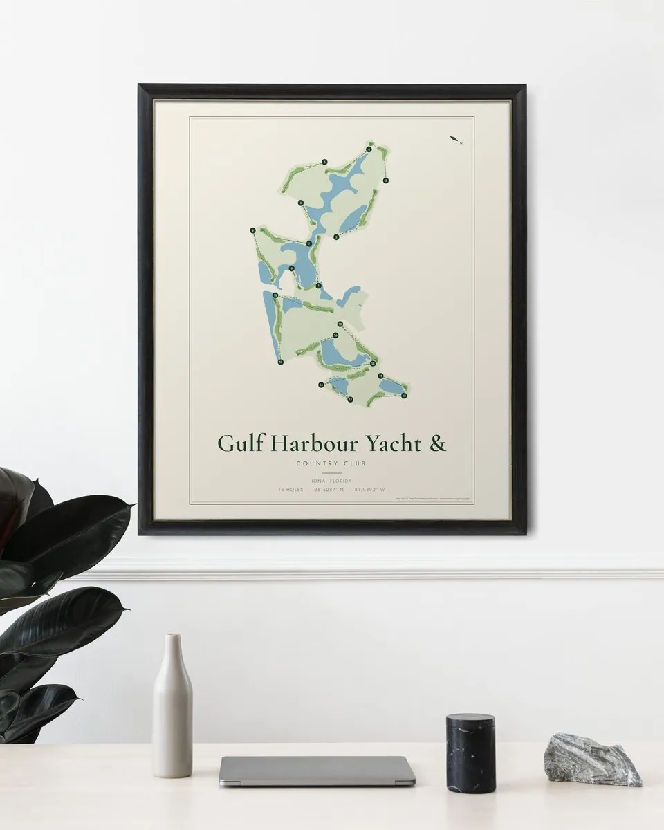 Gulf Harbour Yacht & Country Club golf course map print framed on a wall