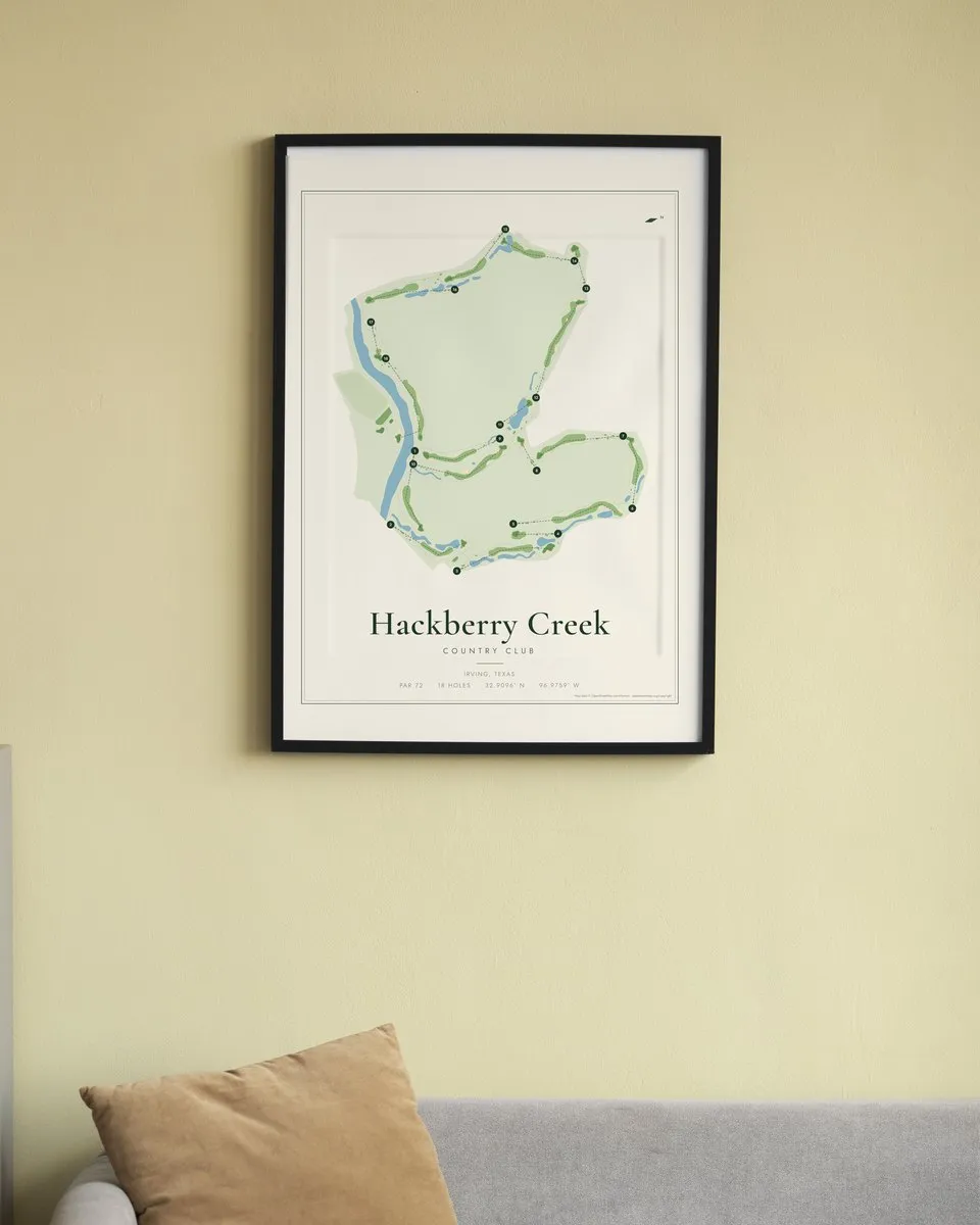 Hackberry Creek Country Club golf course map print framed on a wall