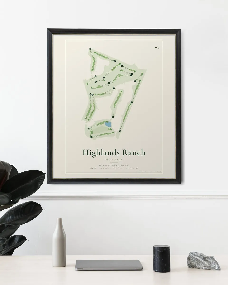 Highlands Ranch Golf Club golf course map print framed on a wall