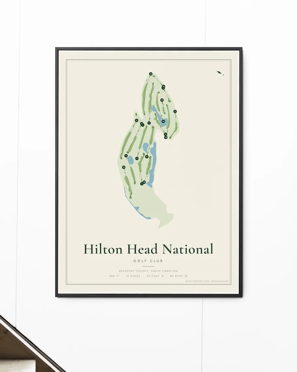 Hilton Head National Golf Club golf course map print framed on a wall