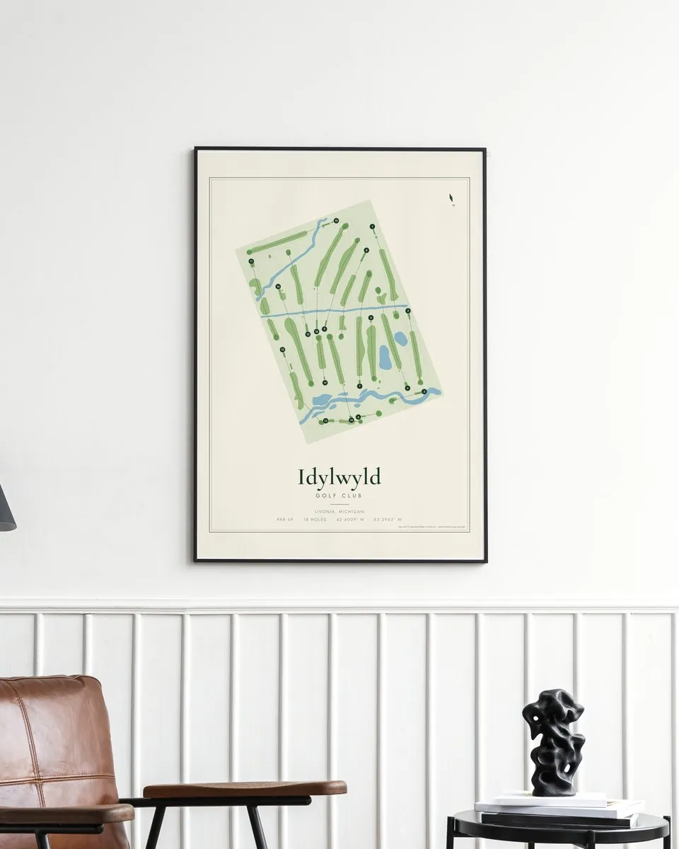 Idylwyld Golf Club golf course map print framed on a wall