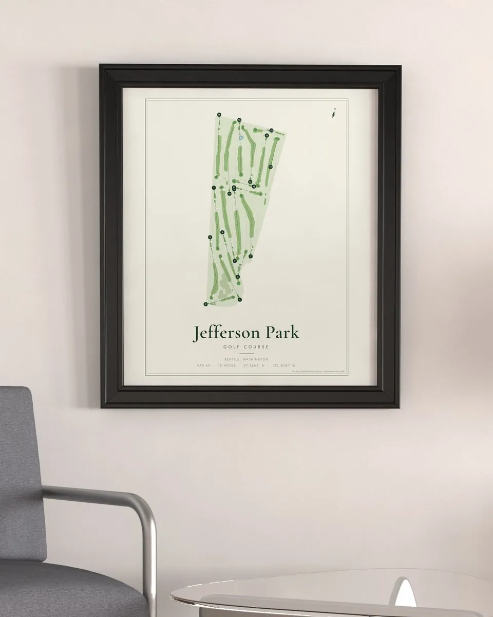 Jefferson Park Golf Course golf course map print framed on a wall
