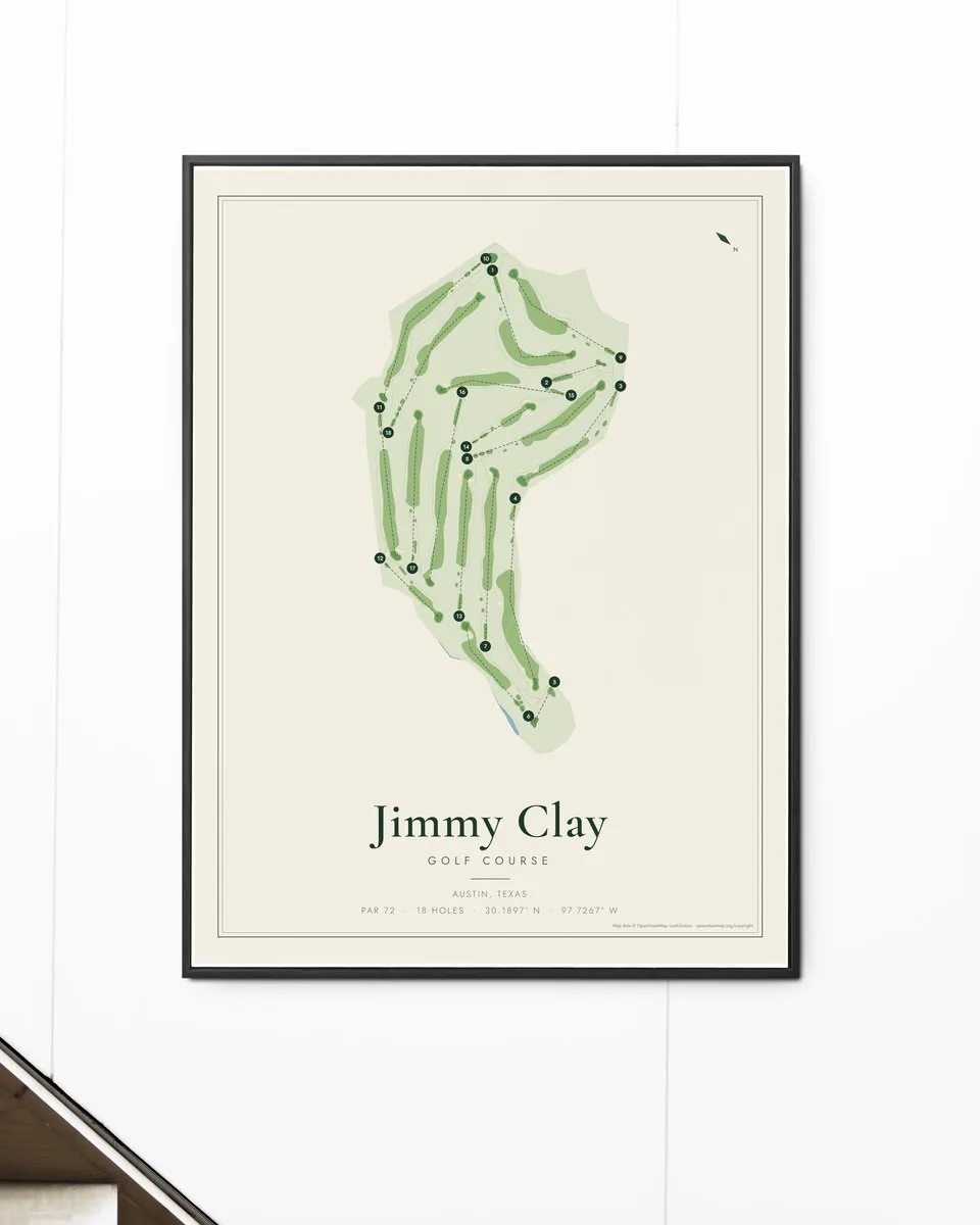 Jimmy Clay Golf Course golf course map print framed on a wall