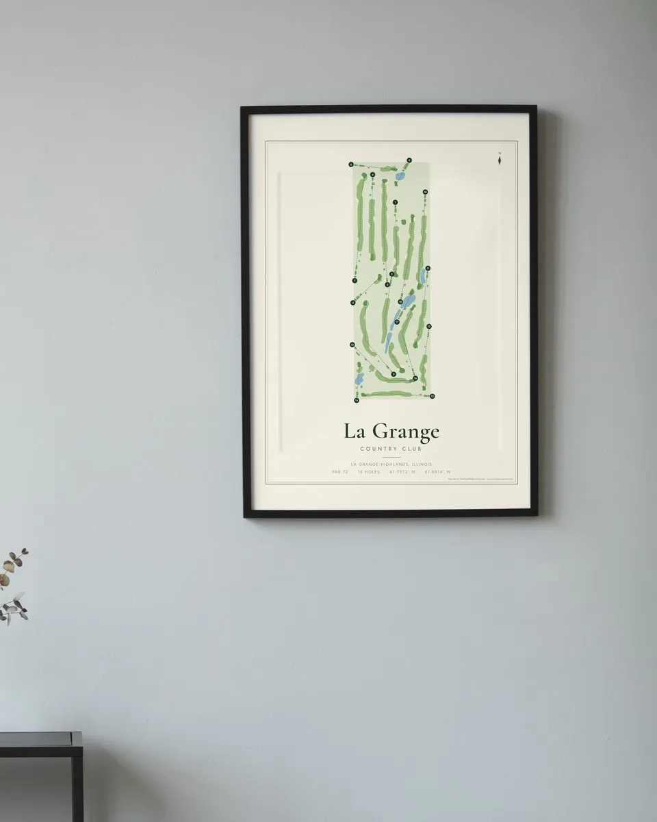 La Grange Country Club golf course map print framed on a wall