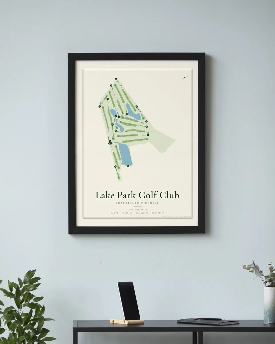 Lake Park Golf Club Championship Course golf course map print framed on a wall