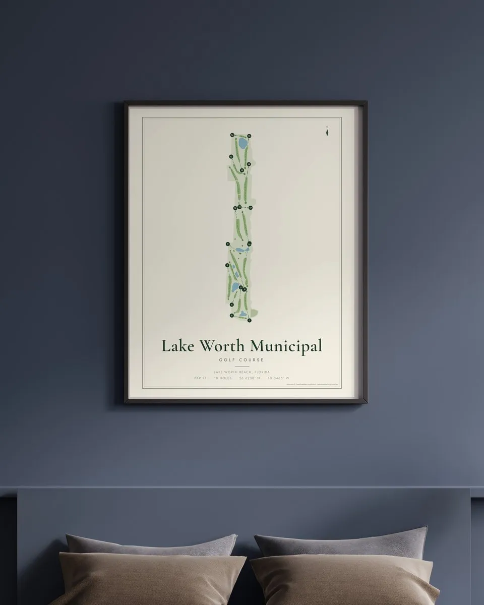 Lake Worth Municipal Golf Course golf course map print framed on a wall
