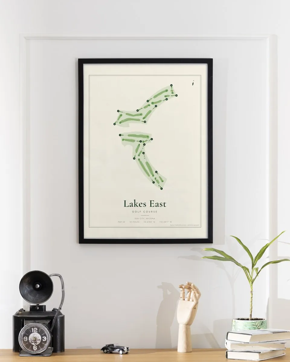 Lakes East Golf Course golf course map print framed on a wall