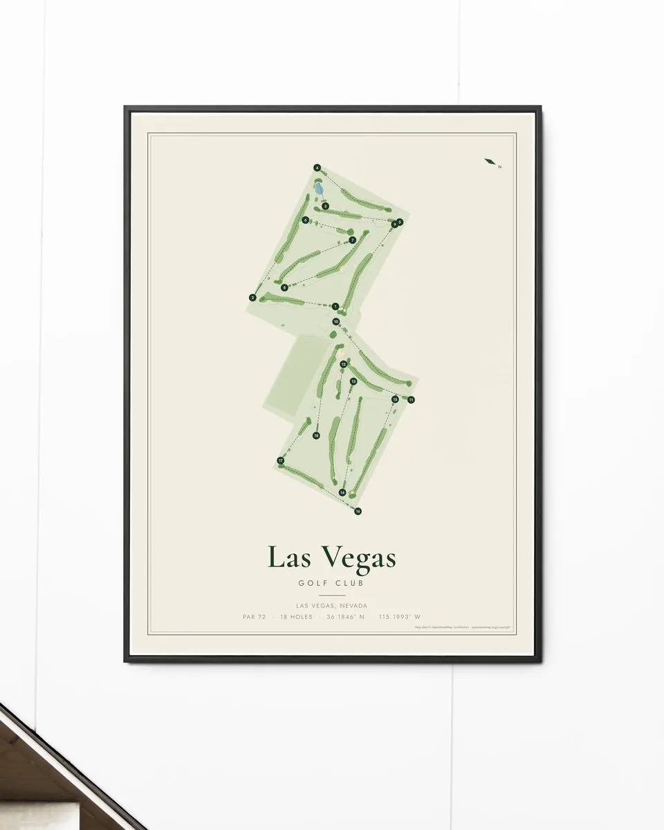 Las Vegas Golf Club golf course map print framed on a wall