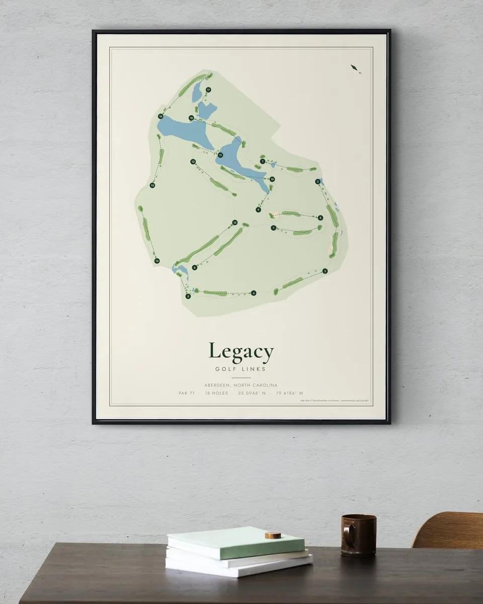Legacy Golf Links golf course map print framed on a wall
