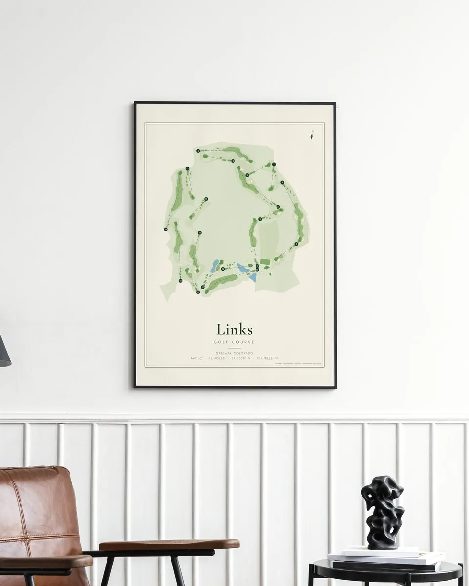 Links Golf Course golf course map print framed on a wall