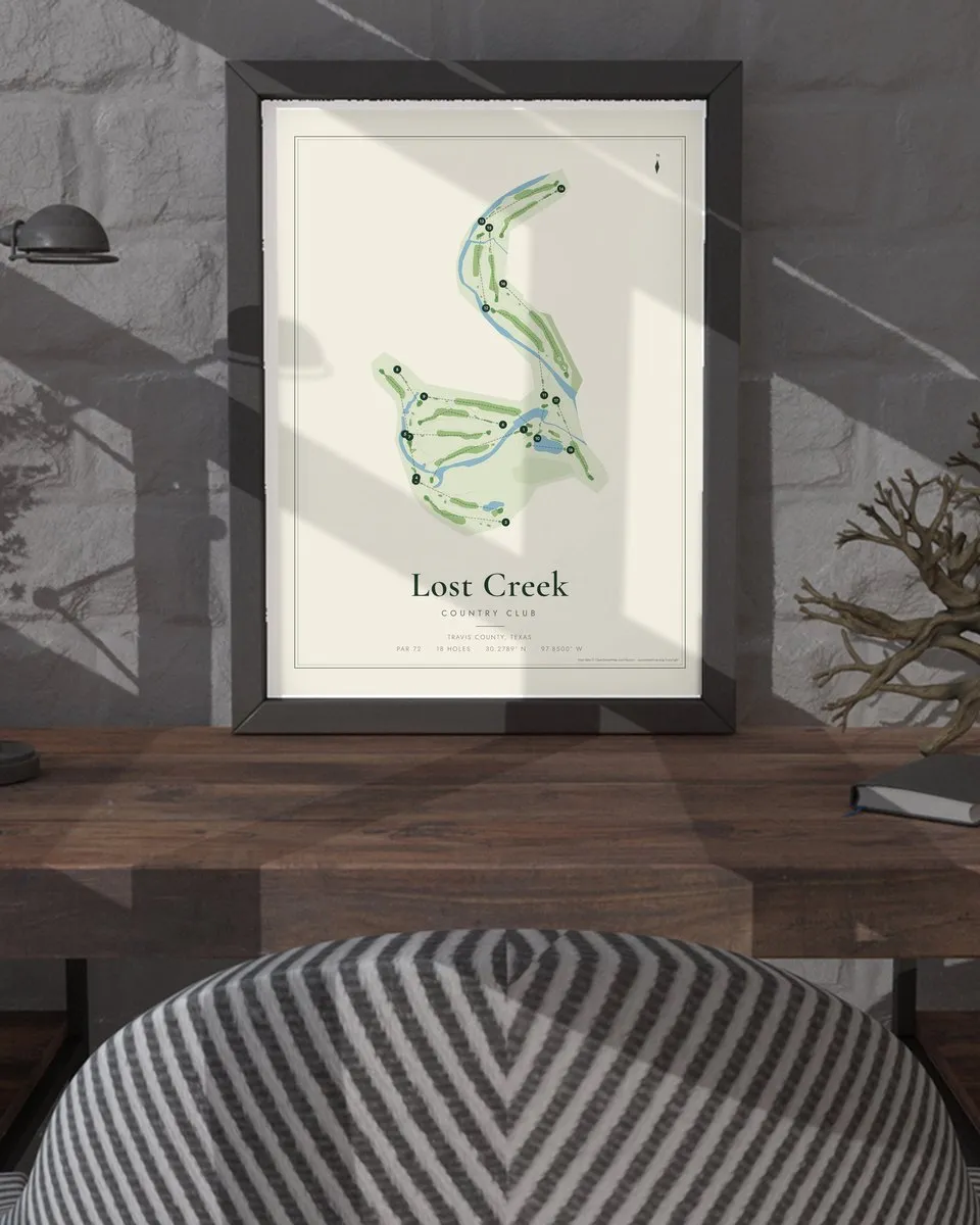 Lost Creek Country Club golf course map print framed on a wall