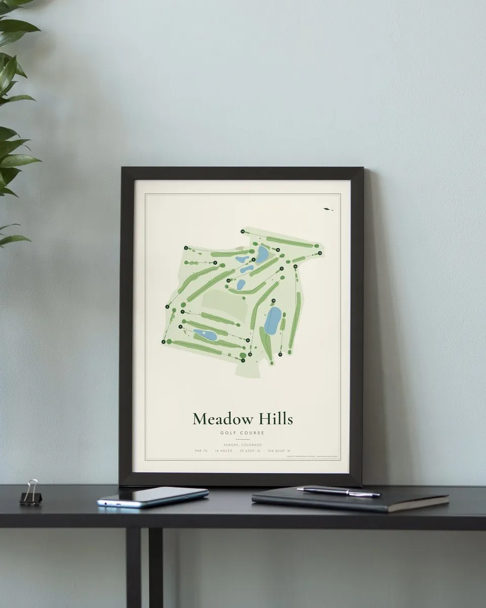 Meadow Hills Golf Course golf course map print framed on a wall