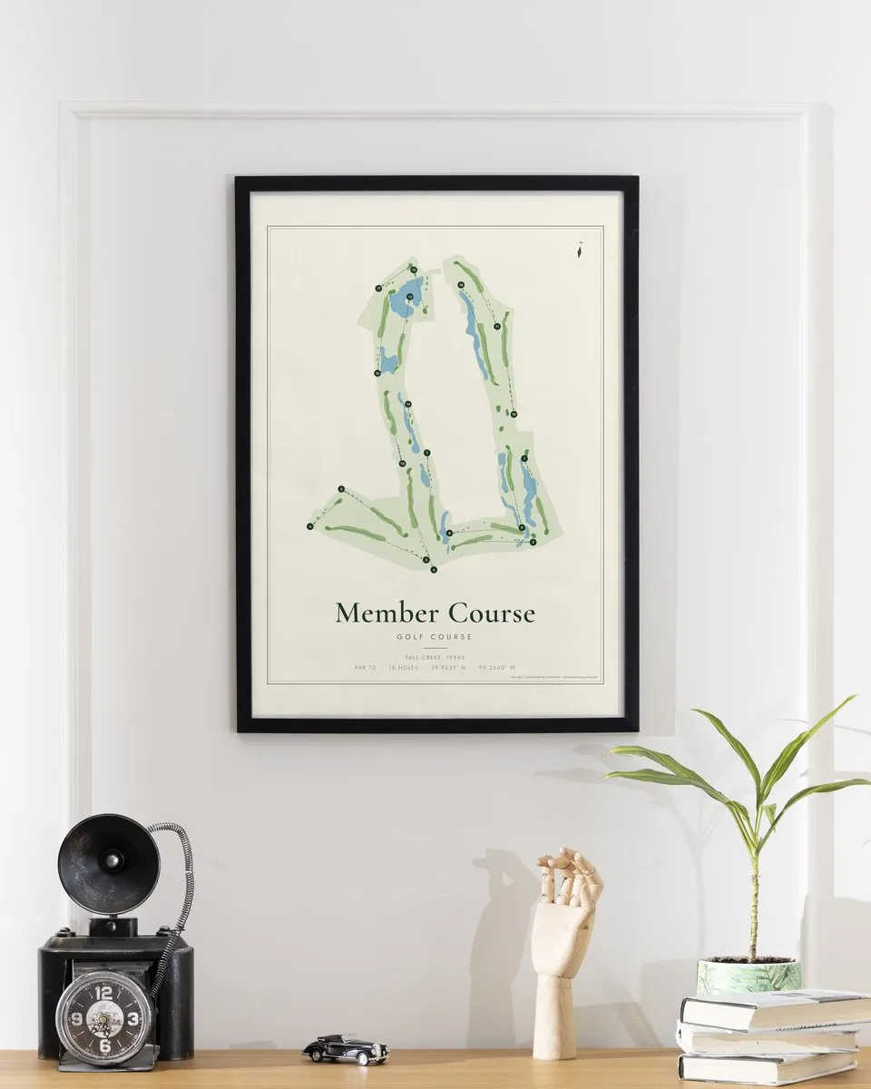 Member Course golf course map print framed on a wall